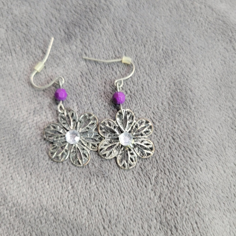 Silver Tone Filigree Flower Drop Earrings Purple Bead Rhinestone Center Floral